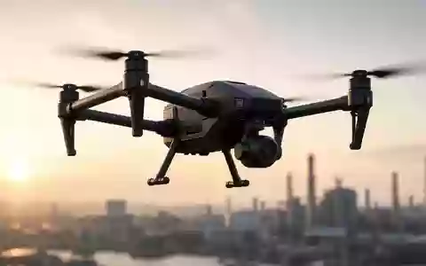 Eine moderne kommerzielle Drohne schwebt in der Luft vor einem unscharfen industriellen Hintergrund bei Sonnenaufgang. - Foto: über boerse-global.de