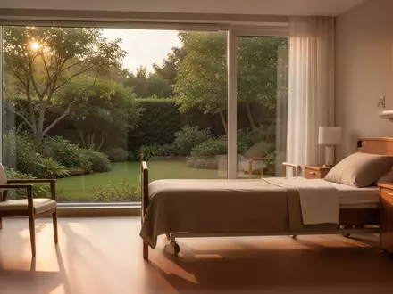 Ein heller, ruhig gestalteter Wohnraum in einer Pflegeeinrichtung mit Blick in einen grünen Garten bei warmem Tageslicht. - Foto: über boerse-global.de