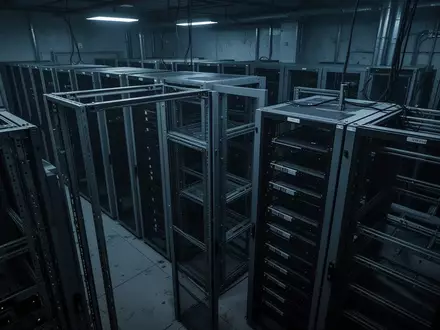 Leere, dunkle Server-Racks in einem sterilen, industriellen Rechenzentrum mit kühler blauer Beleuchtung. - Foto: über boerse-global.de