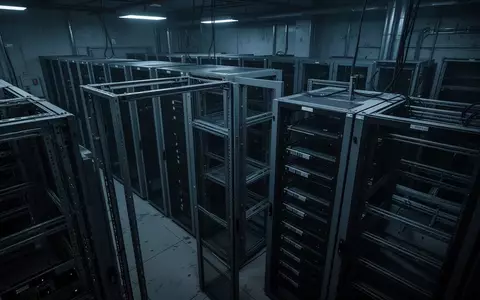 Leere, dunkle Server-Racks in einem sterilen, industriellen Rechenzentrum mit kühler blauer Beleuchtung. - Foto: über boerse-global.de