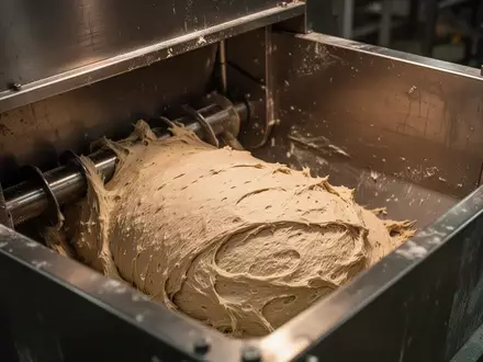 Ein Blick in eine industrielle Knetmaschine mit rohem Teig in einer Großbäckerei. - Foto: über boerse-global.de
