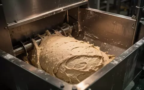Ein Blick in eine industrielle Knetmaschine mit rohem Teig in einer Großbäckerei. - Foto: über boerse-global.de