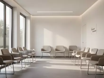Ein heller, leerer Wartebereich in einer modernen Facharztpraxis mit minimalistischer Architektur. - Foto: über boerse-global.de