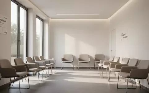 Ein heller, leerer Wartebereich in einer modernen Facharztpraxis mit minimalistischer Architektur. - Foto: über boerse-global.de