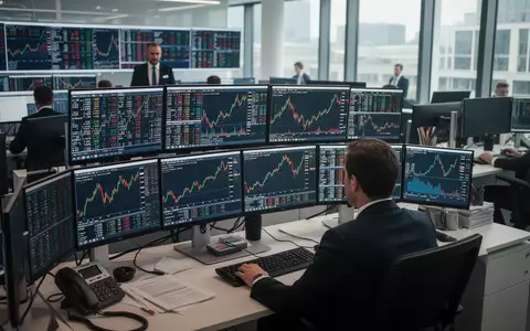 Börsenhändler an einem Arbeitsplatz mit komplexen Aktiencharts auf Bildschirmen in einem modernen Finanzbüro. - Foto: über boerse-global.de