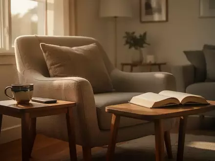 Ein gemütliches Wohnzimmer mit einem Sessel, einer Kaffeetasse und einem Buch bei natürlichem Tageslicht. - Foto: über boerse-global.de