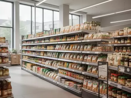 Regale in einem modernen Supermarkt mit Lebensmitteln bei natürlichem Lichteinfall. - Foto: über boerse-global.de
