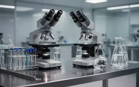 Ein modernes Forschungslabor mit einem Lichtmikroskop und gläsernen Laborgefäßen auf einer sauberen Edelstahlarbeitsfläche. - Foto: über boerse-global.de