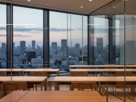 Ein moderner, minimalistischer Schulungsraum mit Blick auf eine Stadt bei Dämmerung, ohne Personen oder Bildschirme. - Foto: über boerse-global.de