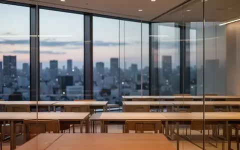 Ein moderner, minimalistischer Schulungsraum mit Blick auf eine Stadt bei Dämmerung, ohne Personen oder Bildschirme. - Foto: über boerse-global.de