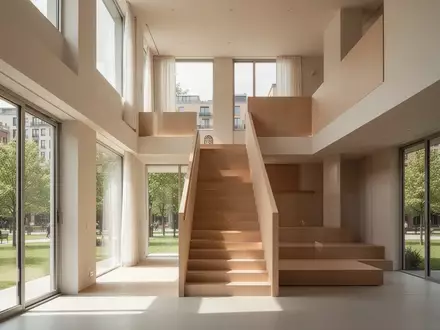 Ein helles, modern gestaltetes Bürogebäude mit einer minimalistischen Holztreppe und großen Fenstern mit Blick ins Grüne. - Foto: über boerse-global.de