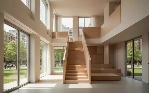 Ein helles, modern gestaltetes Bürogebäude mit einer minimalistischen Holztreppe und großen Fenstern mit Blick ins Grüne. - Foto: über boerse-global.de