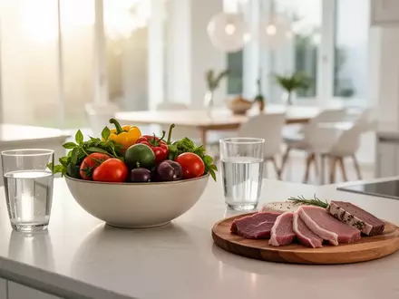 Ein heller, minimalistischer Küchentisch mit frischem mediterranem Gemüse und einer ausgewogenen Mahlzeit. - Foto: über boerse-global.de