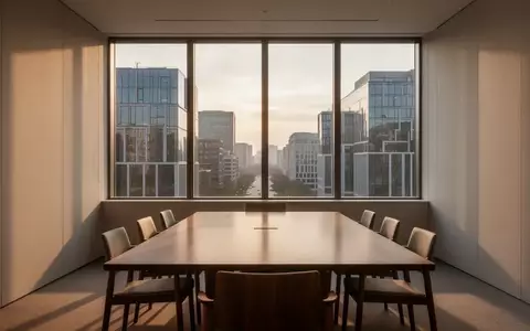 Ein heller, minimalistischer Konferenzraum mit einem leeren Holztisch vor einer Fensterfront mit Blick auf ein Geschäftsviertel. - Foto: über boerse-global.de