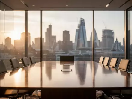 Ein moderner Konferenzraum mit Blick auf die Skyline eines Finanzviertels bei Sonnenuntergang. - Foto: über boerse-global.de