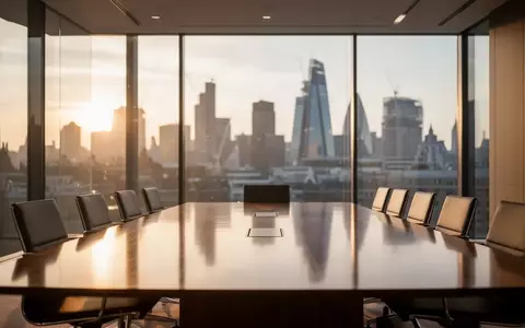 Ein moderner Konferenzraum mit Blick auf die Skyline eines Finanzviertels bei Sonnenuntergang. - Foto: über boerse-global.de