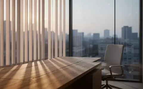 Ein minimalistischer, heller Arbeitsplatz mit leeren Oberflächen und sanftem Lichteinfall durch Jalousien. - Foto: über boerse-global.de