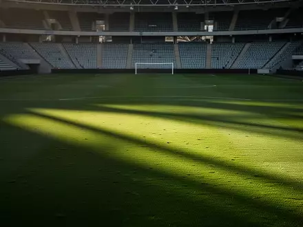 Ein leerer, gepflegter Fußballplatz in einem Stadion bei natürlichem Tageslicht. - Foto: über boerse-global.de
