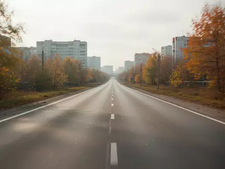 Eine leere Asphaltstraße, die sich durch eine herbstliche Stadtlandschaft erstreckt. - Foto: über boerse-global.de