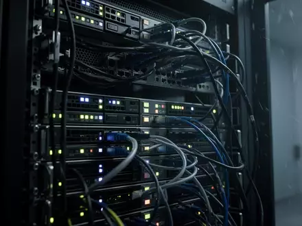 Ein dunkler, industrieller Serverraum mit komplexer Verkabelung und blinkenden Statusleuchten in einer dĂĽsteren Umgebung. - Foto: ĂĽber boerse-global.de