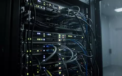 Ein dunkler, industrieller Serverraum mit komplexer Verkabelung und blinkenden Statusleuchten in einer düsteren Umgebung. - Foto: über boerse-global.de