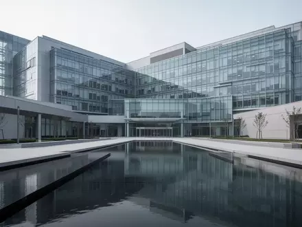 Modernes Klinikgebäude aus Glas und Stahl mit einer architektonischen Wasserfläche im Vordergrund. - Foto: über boerse-global.de