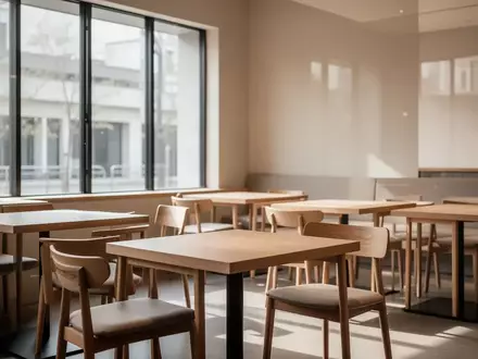 Ein minimalistischer, leerer Gastraum eines Restaurants mit hellen Holzmöbeln und natürlichem Tageslichteinfall. - Foto: über boerse-global.de