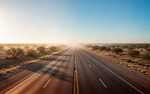 Eine leere Autobahnstrecke der Interstate 45 in Texas bei Sonnenuntergang in einer weiten, flachen Landschaft. - Foto: über boerse-global.de