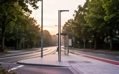 Eine leere, modern gestaltete Bushaltestelle an einer ruhigen Straße im Rhein-Main-Gebiet im Morgenlicht. - Foto: über boerse-global.de