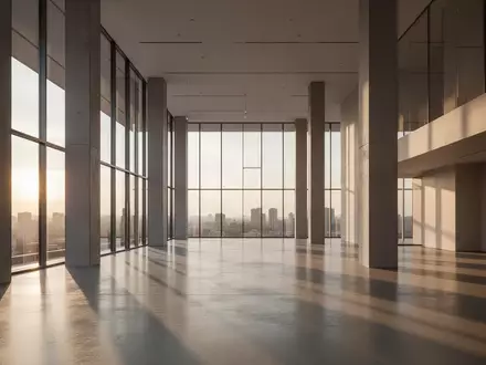 Ein minimalistisches, modernes Bürogebäude mit hohen Decken und einfallendem Sonnenlicht, das lange Schatten auf den Boden wirft. - Foto: über boerse-global.de