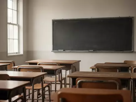 Ein leerer Klassenraum mit Holztischen und einer leeren Tafel bei natürlichem Lichteinfall. - Foto: über boerse-global.de
