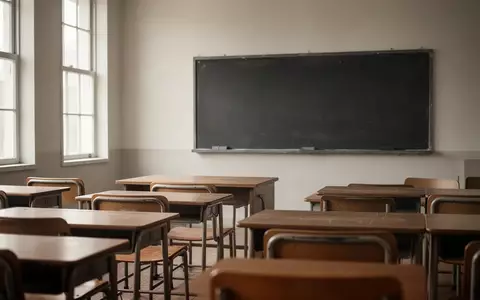 Ein leerer Klassenraum mit Holztischen und einer leeren Tafel bei natürlichem Lichteinfall. - Foto: über boerse-global.de