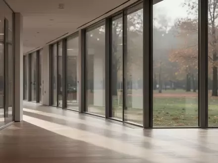 Ein heller, moderner Büroflur mit großen Fensterfronten und Blick auf einen herbstlichen Park, ohne Personen oder Schrift. - Foto: über boerse-global.de