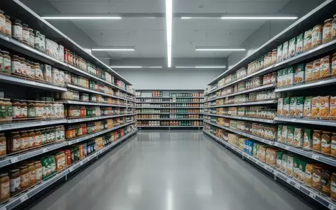 Ein leerer, ordentlich eingerichteter Gang in einem Supermarkt mit Regalen voller Lebensmittel bei neutralem Licht. - Foto: über boerse-global.de