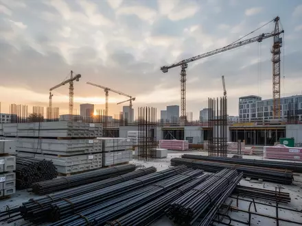 Eine Baustelle für ein städtisches Infrastrukturprojekt mit Baumaterialien und Kränen vor einem bewölkten Himmel. - Foto: über boerse-global.de