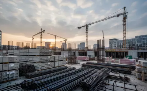 Eine Baustelle für ein städtisches Infrastrukturprojekt mit Baumaterialien und Kränen vor einem bewölkten Himmel. - Foto: über boerse-global.de