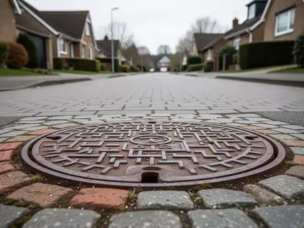 Ein gusseiserner Kanaldeckel in einer ruhigen Wohnstraße, der die städtische Abwasserinfrastruktur symbolisiert. - Foto: über boerse-global.de