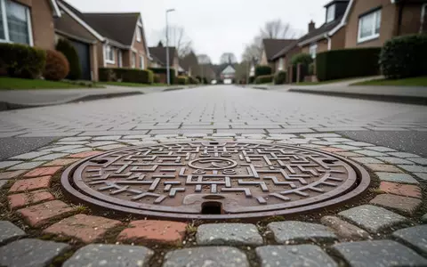 Ein gusseiserner Kanaldeckel in einer ruhigen Wohnstraße, der die städtische Abwasserinfrastruktur symbolisiert. - Foto: über boerse-global.de