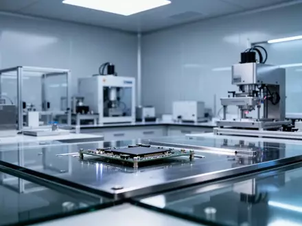 Ein minimalistisches, modernes Labor mit glatten Oberflächen und präziser Fertigungstechnik in kühlem, atmosphärischem Licht. - Foto: über boerse-global.de