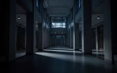 Ein leerer, in blaues Dämmerlicht getauchter Flur eines modernen Regierungsgebäudes mit langen Schatten und architektonischen Säulen. - Foto: über boerse-global.de