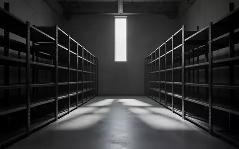 Leere, dunkle Archivregale in einem minimalistischen Raum mit langen Schatten auf dem Boden. - Foto: über boerse-global.de