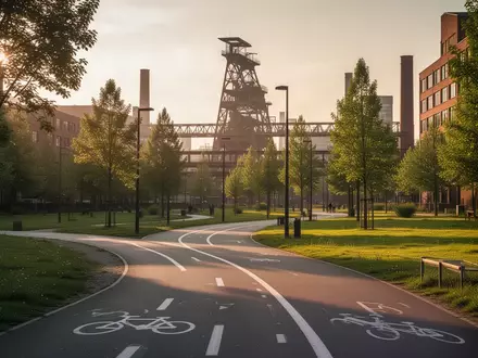 Ein leerer Radweg in einer Parkanlage mit Industriekulisse im Hintergrund bei Sonnenuntergang. - Foto: über boerse-global.de