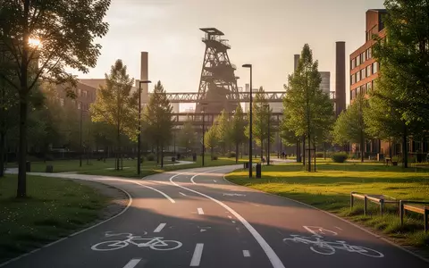 Ein leerer Radweg in einer Parkanlage mit Industriekulisse im Hintergrund bei Sonnenuntergang. - Foto: ĂŒber boerse-global.de
