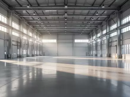 Eine weitläufige, leere Industriehalle mit poliertem Betonboden und natürlichem Lichteinfall durch große Fenster. - Foto: über boerse-global.de