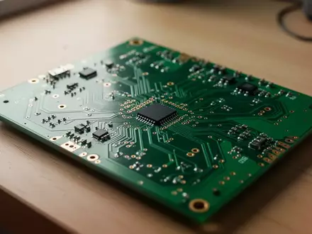Nahaufnahme einer grünen Leiterplatte mit feinen Kupferbahnen und elektronischen Bauteilen auf einem Holztisch. - Foto: über boerse-global.de