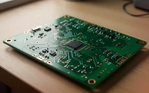 Nahaufnahme einer grünen Leiterplatte mit feinen Kupferbahnen und elektronischen Bauteilen auf einem Holztisch. - Foto: über boerse-global.de