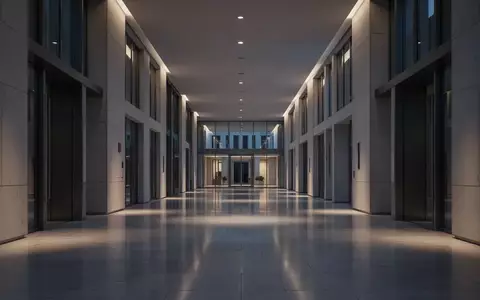 Ein leerer, modern gestalteter Flur in einem Verwaltungsgebäude bei Dämmerung mit minimalistischer Architektur. - Foto: über boerse-global.de