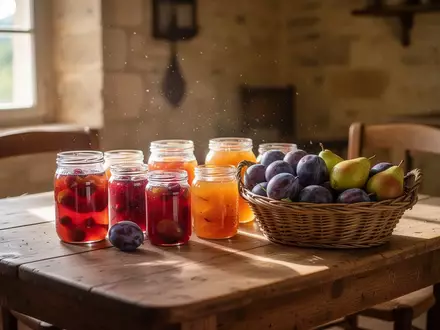 Ein rustikaler Holztisch in einem sonnendurchfluteten Steinhaus mit Gläsern voller Obstkonserven und einem Korb voller Früchte. - Foto: über boerse-global.de