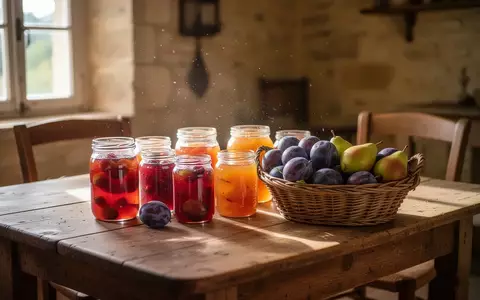 Ein rustikaler Holztisch in einem sonnendurchfluteten Steinhaus mit Gläsern voller Obstkonserven und einem Korb voller Früchte. - Foto: über boerse-global.de