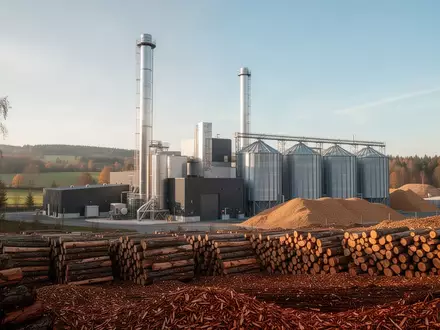 Ein modernes Biomasseheizwerk mit Holzlagern und Schornsteinen in einer herbstlichen Landschaft. - Foto: über boerse-global.de